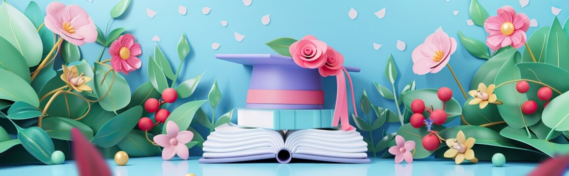 A mortarboard and graduation scroll, tied with red ribbon, on a stack of books. AI generated illustration