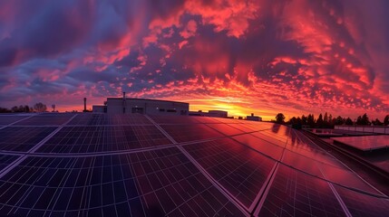 Wall Mural - Spectacular red sunset over a rooftop solar panel installation, symbolizing renewable energy and climate change solutions.