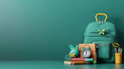 Sticker - Yellow backpack with alarm clock and school equipment. Back to school concept on green background 3D Rendering, 3D Illustration. AI generated illustration