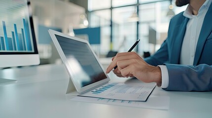 Poster - A businessman in a suit sits at a desk in an office, using a stylus to interact with data on a tablet computer. He appears to be reviewing graphs and charts