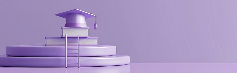 3D rendering of a podium with a graduation hat, ladder and books on a purple background. AI generated illustration