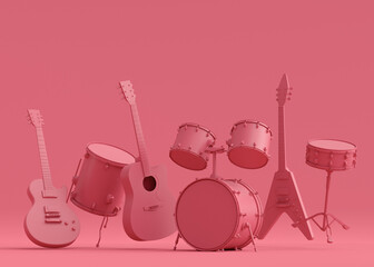 Wall Mural - Set of electric acoustic guitars and drums with cymbals on monochrome background