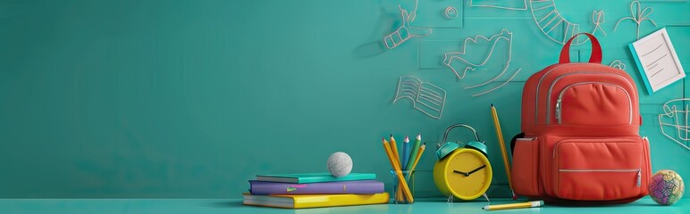 Sticker - Yellow backpack with alarm clock and school equipment. Back to school concept on green background 3D Rendering, 3D Illustration. AI generated illustration