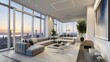 © Joel - A sleek and modern living room with minimalist furniture. A large, L-shaped gray sofa sits against a wall with floor-to-ceiling windows offering a stunning cityscape view.