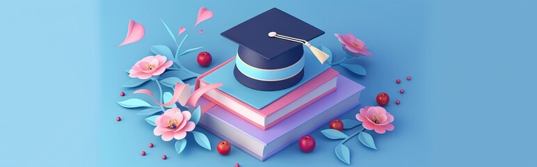 Sticker - A mortarboard and graduation scroll, tied with red ribbon, on a stack of books. AI generated illustration