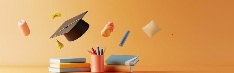 Sticker - concept of obtaining higher education. stack of books and graduate cap on a blue background. 3d render. illustration. AI generated illustration
