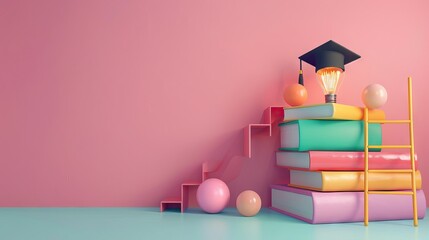 Graduation cap on books, back to school concept 3D rendering. AI generated illustration