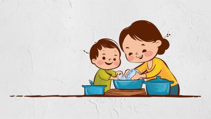 Wall Mural - A woman and child washing dishes together in a kitchen, AI