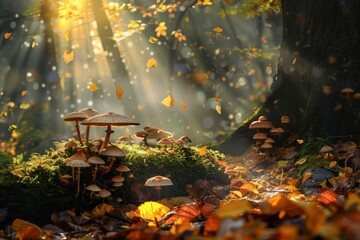 Wall Mural - Enchanting Autumn Forest with Sunlit Wild Mushrooms for Nature and Botanical Print or Poster Designs