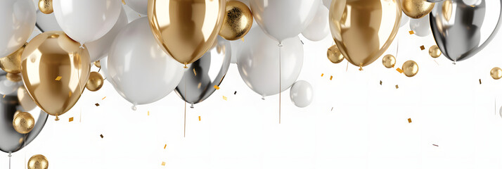 Silver white and gold balloons isolated on white banner