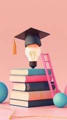 Graduation cap on books, back to school concept 3D rendering. AI generated illustration