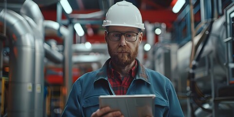 Sticker - Focused engineer in hard hat using tablet to check factory equipment. Concept Engineering, Technology, Factory Equipment, Hard Hat, Tablet
