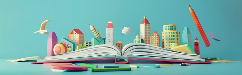 Styled pop-up book city with busy urban city people. 3D illustration. AI generated illustration