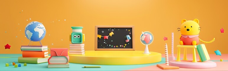 3D Rendering back to school interior study room for children cute icon cartoon style. 3D Render illustration. AI generated illustration