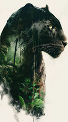 black panther double exposure with the Jungel, concept for species conservation, created with generative AI technology