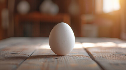 Wall Mural - A single white egg on a wooden table in sunlight.