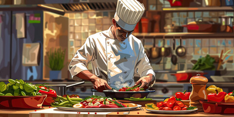 A chef deftly handles fresh ingredients, preparing a gourmet meal for their hungry customers. (brown)