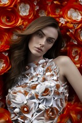 woman is posing in front of a flower arrangement. The flowers are orange and white, and the woman is wearing a dress with a flower pattern. The image has a soft and romantic mood