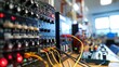 © Екатерина Чумаченко - Electronic testing equipment setup on a workbench. The scene includes an oscilloscope, signal generators, and wiring prominently displayed in a technical and educational environment.