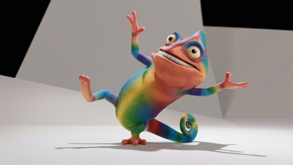 Canvas Print - A cartoon lizard with rainbow colored fur standing on its hind legs, AI