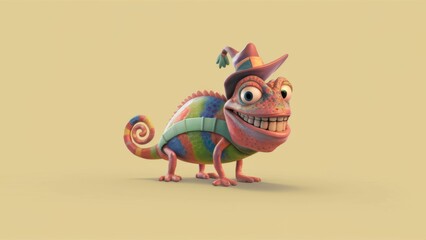 Wall Mural - A cartoon lizard wearing a hat and dressed in colorful clothes, AI