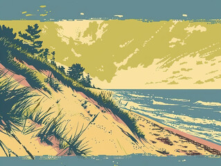 Risograph riso print national park poster illustration of Indiana Dunes, Indiana, modern, isolated, clear, simple. Artistic, screen printing, stencil, stencilled, graphic design. Banner, wallpaper