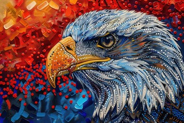 Poster - pointillism art of an eagle, with red, white and blue dots in the background Generative AI