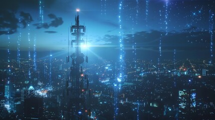Poster - A birds eye view of a 5G tower rising above a cityscape its bright lights shining like a beacon in the night.