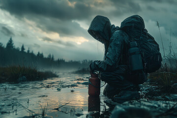 Poster - A person gathering rainwater in a post-apocalyptic landscape, emphasizing self-reliance. Concept of resourcefulness and survival. Generative Ai.