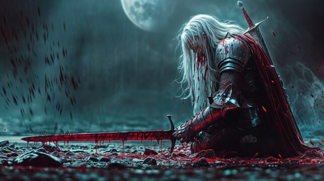 A knight in medieval armor sits on cold, snow-covered terrain with a sword dripping blood under the full moon.