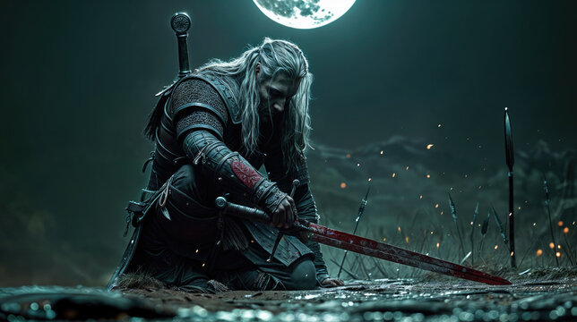 A fantasy knight, clad in armor, sits on icy ground with a blood-stained sword, framed by the waxing moon.