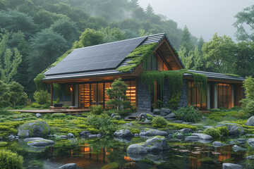 Poster - a solar-powered home surrounded by greenery, symbolizing eco-friendly living. concept of sustainabil