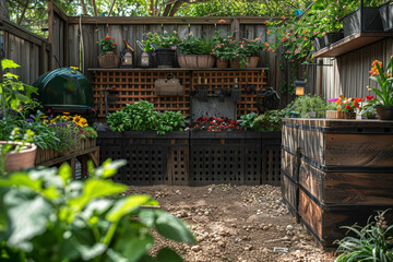 Canvas Print - A home composting setup in a backyard, illustrating natural recycling. Concept of waste management and soil health. Generative Ai.