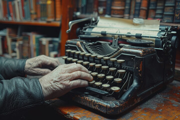 Poster - A writer typing on an old typewriter, capturing the essence of storytelling. Concept of literature and creativity. Generative Ai.
