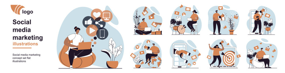 Leinwandbilder - Social media marketing concept with people scenes mega set in flat web design. Bundle of character situation with attracting audience with online advertising and promotion. Vector illustrations.