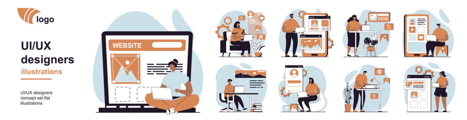 Aufkleber - UI and UX designers concept with people scenes mega set in flat web design. Bundle of character situation with creating and coding wireframe layouts interfaces for mobile apps. Vector illustrations.