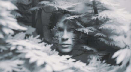 Wall Mural - A black and white photo of a man in the woods, AI