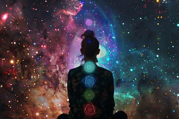 Wall Mural - Cosmic unity  female yoga with chakras symbols in space, embodying  i am  concept