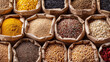 © Synaptic Studio - Assorted whole grains and seeds in paper bags. Whole Grains Month, health and nutrition concept.