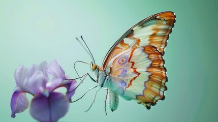 Wall Mural - A butterfly whose wings feature a Renaissance fresco design in soft pastel colors, fluttering near a violet iris, against a mint green backdrop