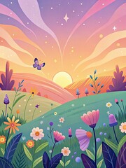 Sticker - Sunrise over a vibrant meadow filled with flowers.