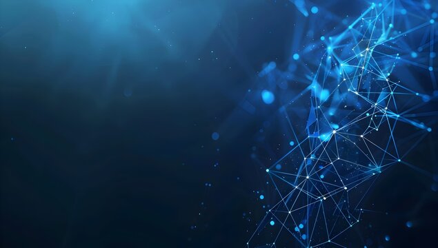 Abstract digital background with blue glowing connections and polygonal shapes on a dark blue backdrop, technology concept for a banner design