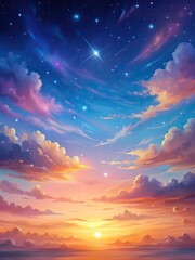 Wall Mural - Sunset sky filled with vibrant hues over a tranquil sea.