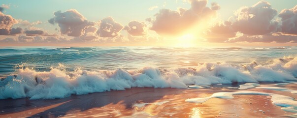 The ocean waves are crashing onto the shore, creating a beautiful and calming scene. The water is a deep blue color, and the sand is a light brown color. The sun is shining brightly.