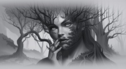 Canvas Print - A black and white drawing of a woman with trees on her face, AI