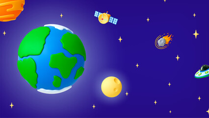 Wall Mural - 3d space background. earth planet sun and moon, satellite asteroid and ufo people spaceship. cartoon