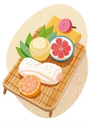 Wall Mural - Fresh sushi with citrus garnish on a wooden board.