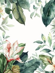 Wall Mural - Exquisite watercolor painting showcasing tropical foliage with delicate,muted leaves and exotic flowers. A handpainted botanical border adorns the bottom of the page,set against a minimal.