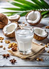 Poster - Fresh coconuts and a glass of coconut milk on a wooden table.