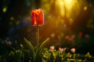 Wall Mural - A single red tulip is seen in the sunlight.
